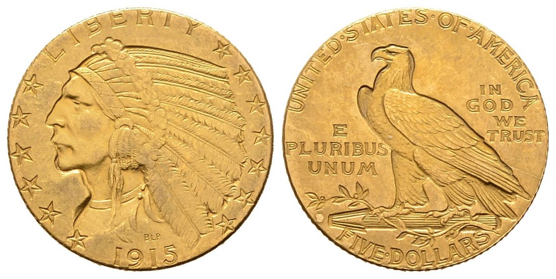PEUS 8753 USA 7,52 g Feingold. Indian Head 5 Dollars GOLD 1915 Sehr schön