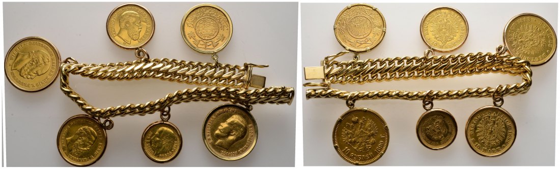 PEUS 8764 Reichsgold + Welt Raugewicht Armband (Punze 585) 55,6 g inkl. Münzen,  davon 31,27 g Feingold (Münze Feingold (Münzen) Armband GOLD (6 Münzen) 1880 - 191 Sehr schön