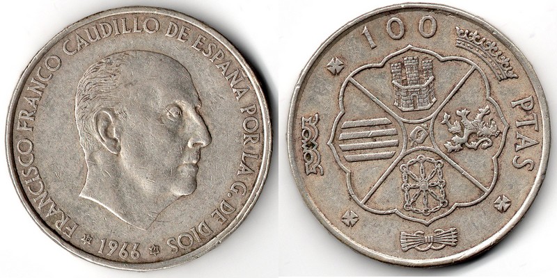  Spanien  100 Pesetas  1966   FM-Frankfurt Feingewicht: 15,2g Silber sehr schön   