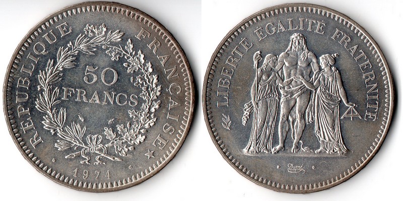  Frankreich  50 Francs  1974  FM-Frankfurt  Feingewicht: 27g  Silber sehr schön   