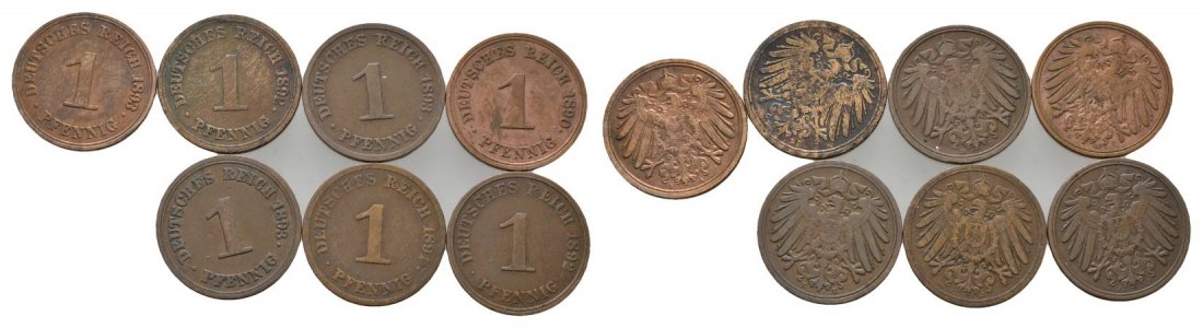  Kaiserreich, 7 Kleinmünzen (1893/1892/1890/1893)   