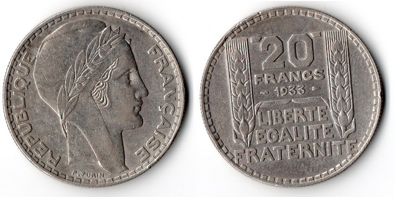  Frankreich  20 Francs  1933  FM-Frankfurt  Feingewicht: 13,6g  Silber sehr schön   