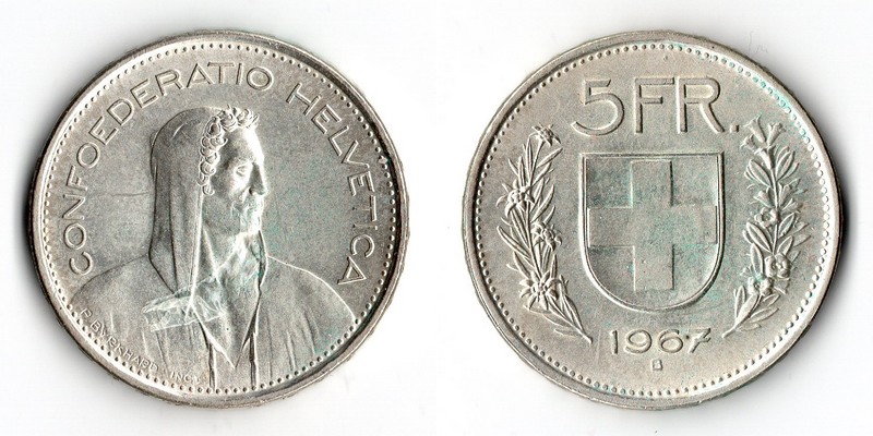  Schweiz  5 Franken  1967  FM-Frankfurt Feingewicht: 12.52g Silber sehr schön   