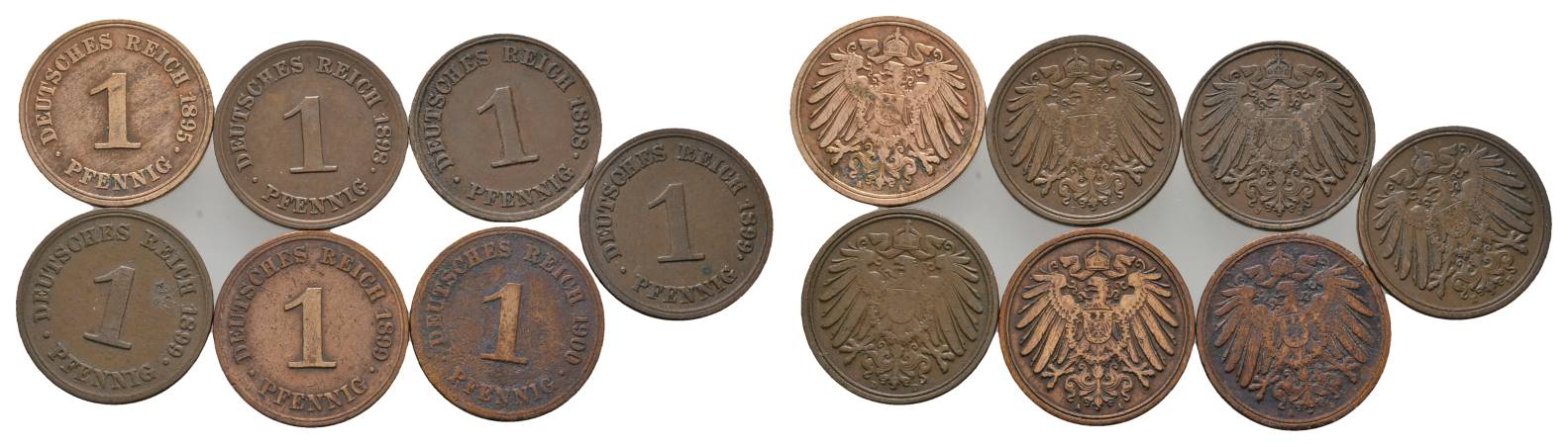  Kaiserreich, 7 Kleinmünzen (1895/1898/1899/1900)   