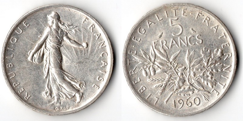  Frankreich  5 Francs  1960  FM-Frankfurt  Feingewicht: 10,02g  Silber sehr schön   