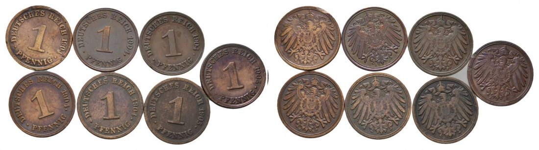  Kaiserreich, 7 Kleinmünzen (1904/1905)   