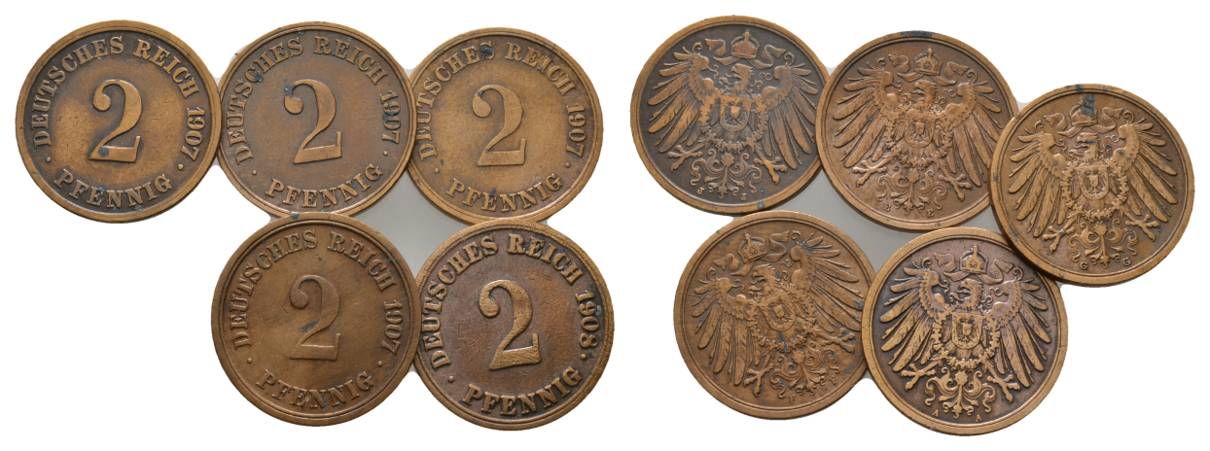  Kaiserreich, 5 Kleinmünzen (1907/1908)   