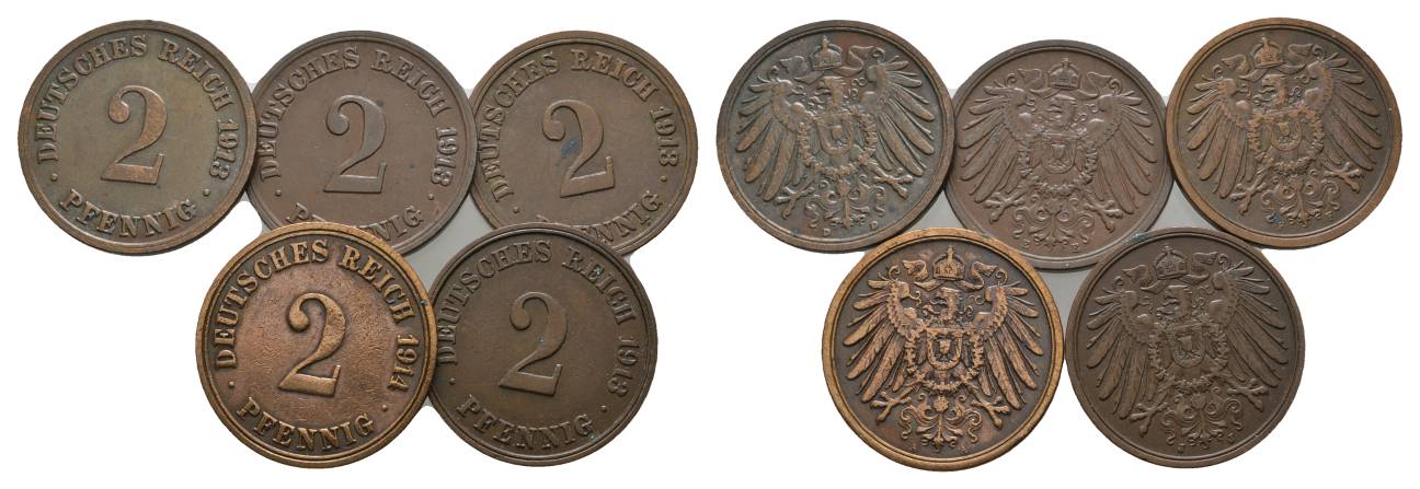  Kaiserreich, 5 Kleinmünzen (1913/1914)   