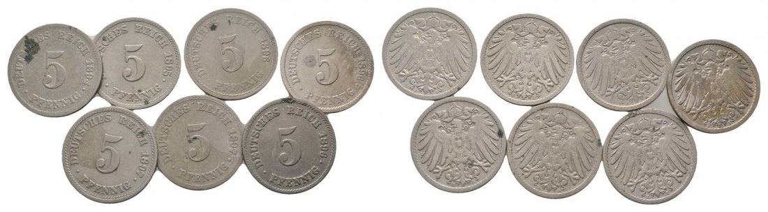  Kaiserreich, 7 Kleinmünzen (1894/1895/1896/1897)   