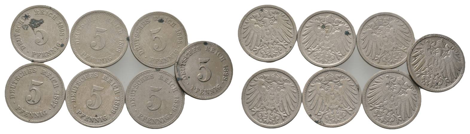  Kaiserreich, 7 Kleinmünzen (1898/1899/1897)   