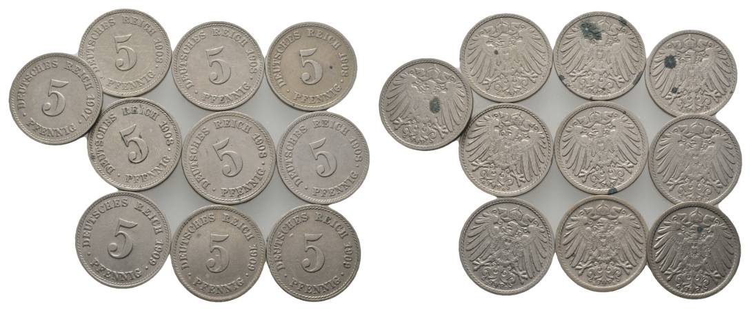  Kaiserreich, 10 Kleinmünzen (1907/1908/1909)   