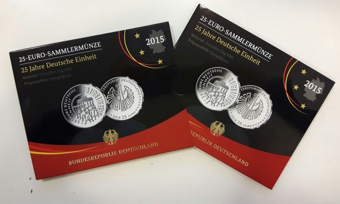  Deutschland  25 Euro  2015  FM-Frankfurt  Feingewicht:  18g  Silber pp    25 Jahre Deutsche Einheit   