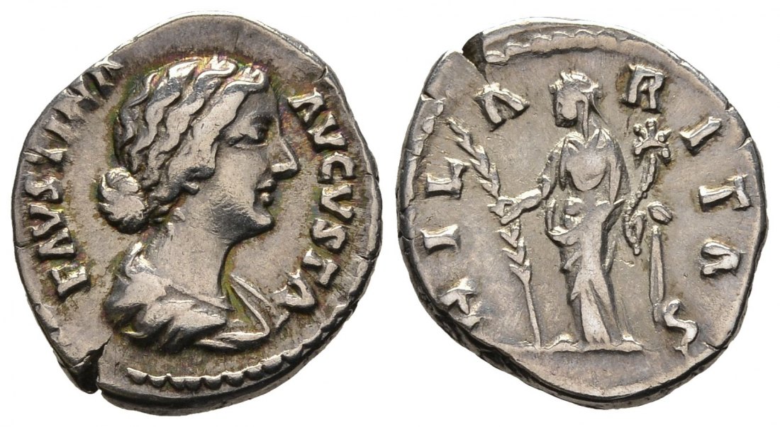 PEUS 8767 Marcus Aurelius f.Faustina II. Rom. Büste / Hilaritas mit langem Palmwedel Denar 161/175 Sehr schön