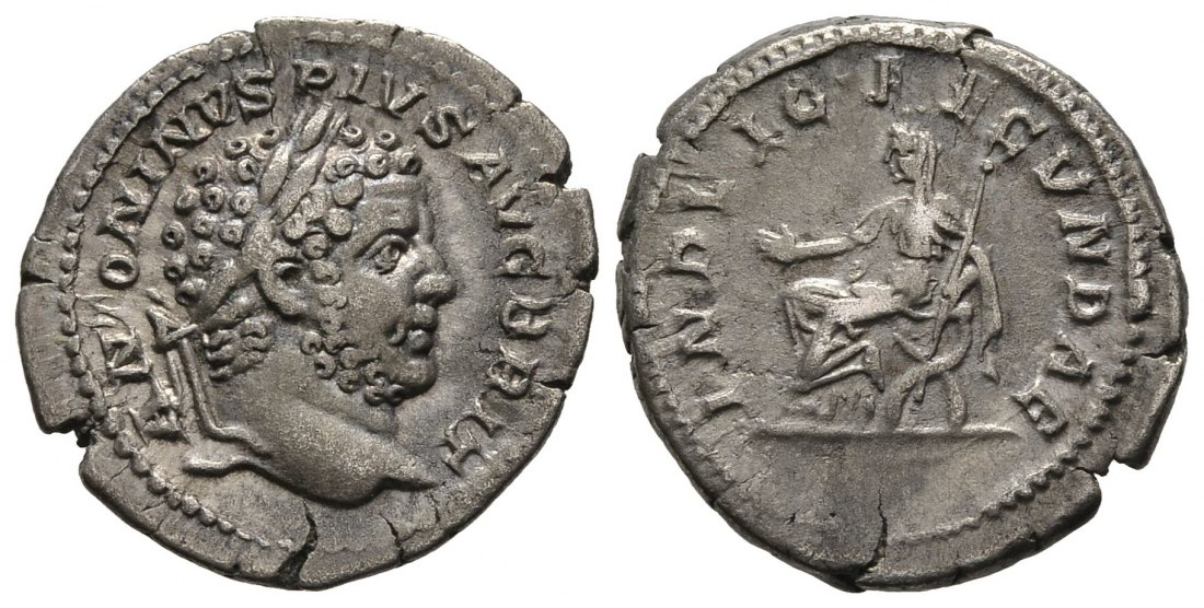 PEUS 8769 Caracalla, 198-217 Rom. Kopf / Indulgentia auf Thron Denar 210/213 Kl. Schrötlingsriss sehr schön
