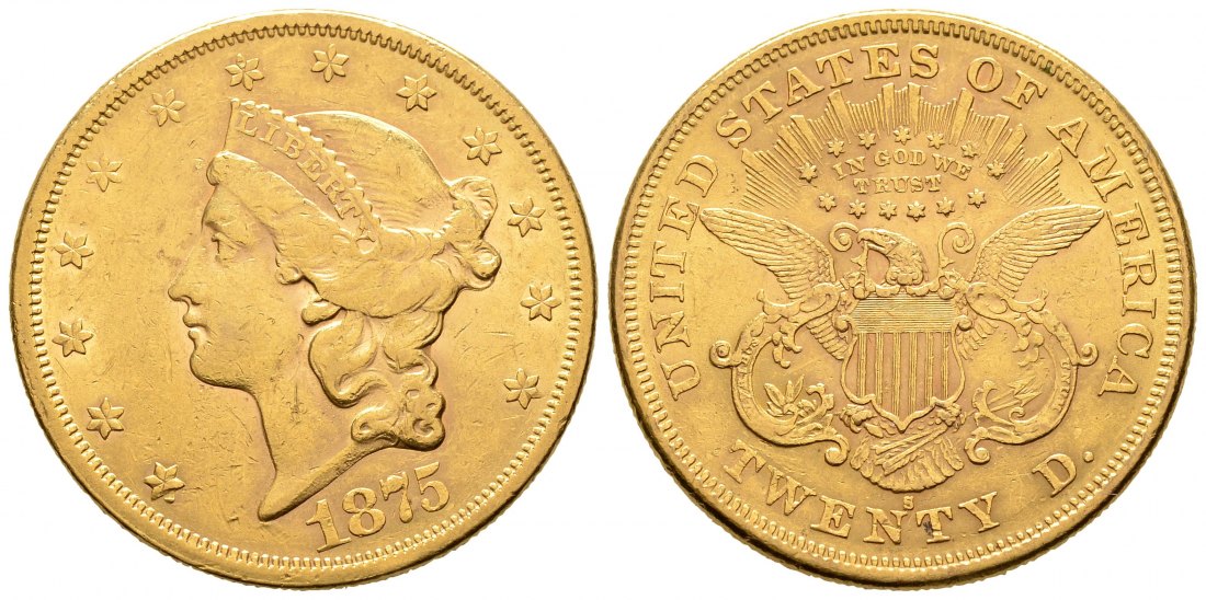 PEUS 8773 USA 30,1 g Feingold. Coronet Head 20 Dollars GOLD 1875 S Kratzer, sehr schön