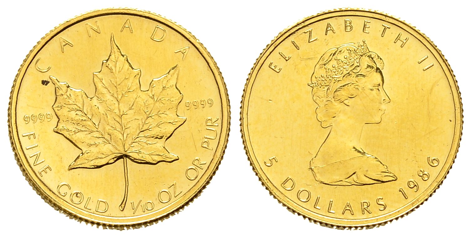 PEUS 8774 Kanada 3,11 g Feingold. Maple Leaf 5 Dollars GOLD 1/10 Unze 1986 Vorzüglich