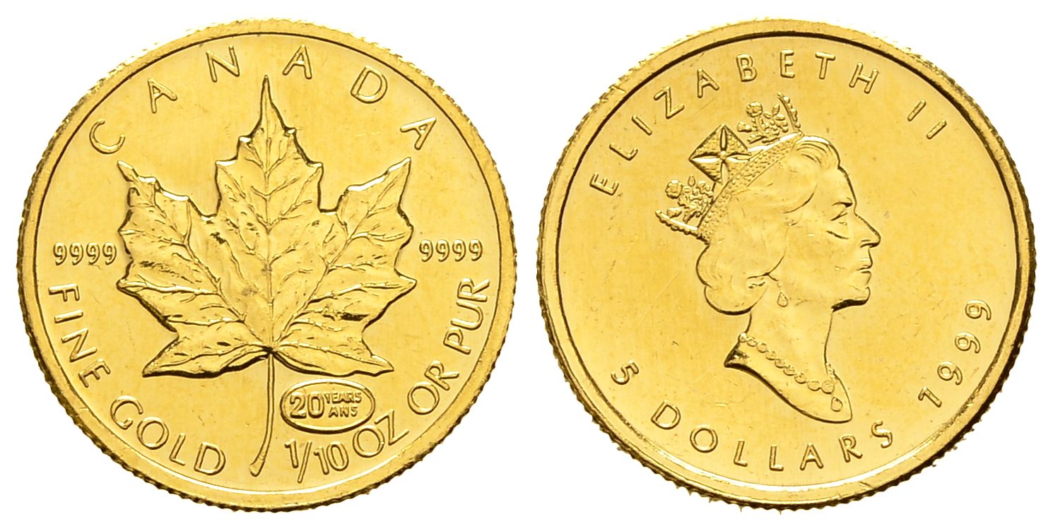 PEUS 8775 Kanada 3,11 g Feingold. 20. Jahrestag Maple Leaf 5 Dollars GOLD 1/10 Unze 1999 Vorzüglich
