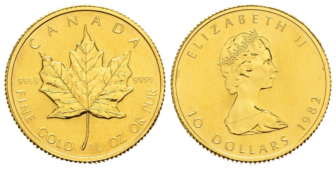 PEUS 8776 Kanada 7,78 g Feingold. Maple Leaf 10 Dollars GOLD 1/4 Unze 1982 Vorzüglich / Stempelglanz