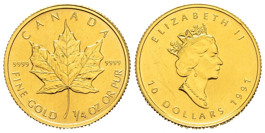 PEUS 8777 Kanada 7,78 g Feingold. Maple Leaf 10 Dollars GOLD 1/4 Unze 1991 Kratzer, fast Vorzüglich