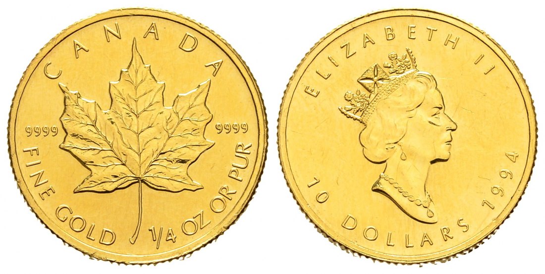 PEUS 8778 Kanada 7,78 g Feingold. Maple Leaf 10 Dollars GOLD 1/4 Unze 1994 Kratzer, fast Vorzüglich