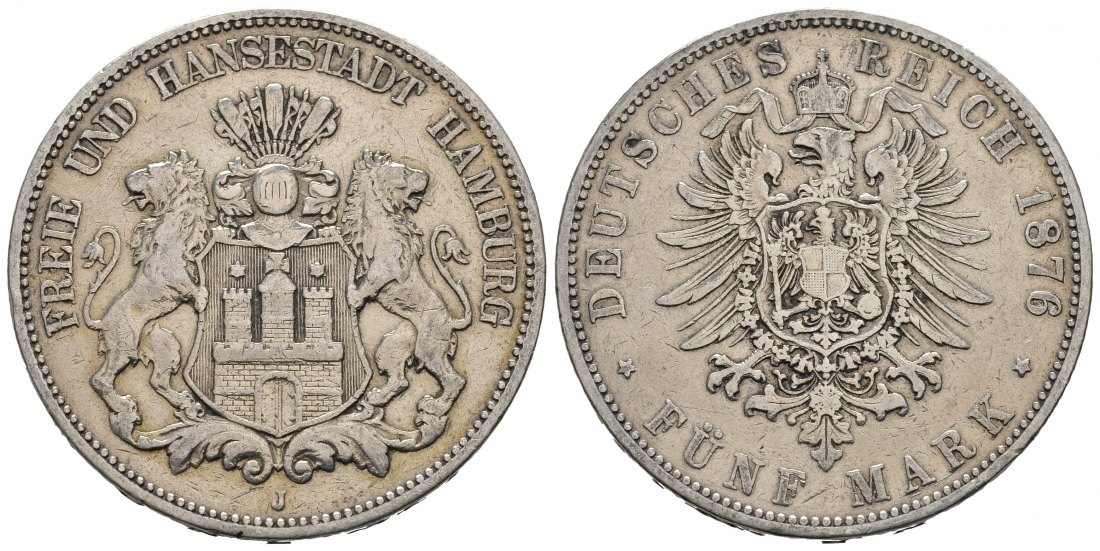 PEUS 8779  Kaiserreich - Hamburg  5 Mark 1876 J Sehr schön