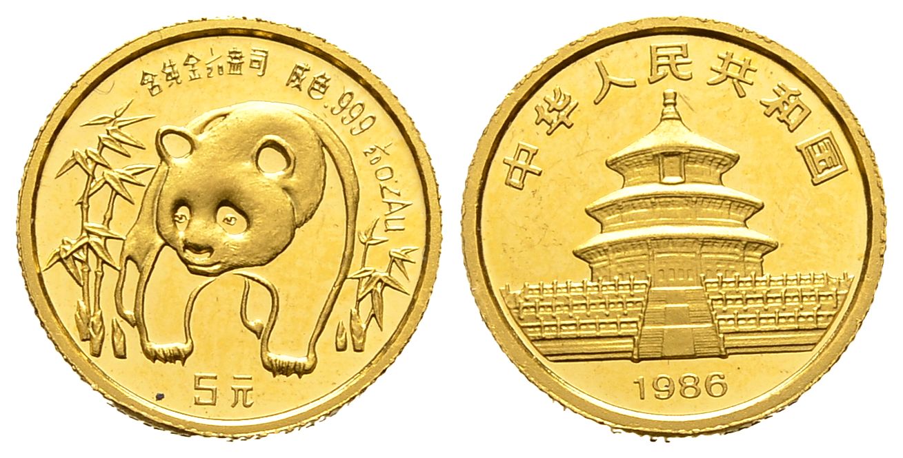 PEUS 8780 China 1,56 g Feingold. Panda zwischen Bambus 5 Yuan GOLD 1/20 Unze 1986 Kl. Kratzer, vorzüglich +