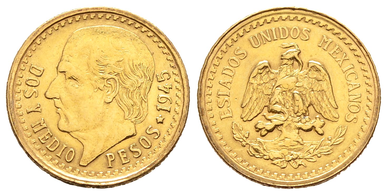 PEUS 8786 Mexiko 1,88 g Feingold. Miguel Hidalgo y Costilla 2 1/2 Pesos GOLD 1945 Sehr schön