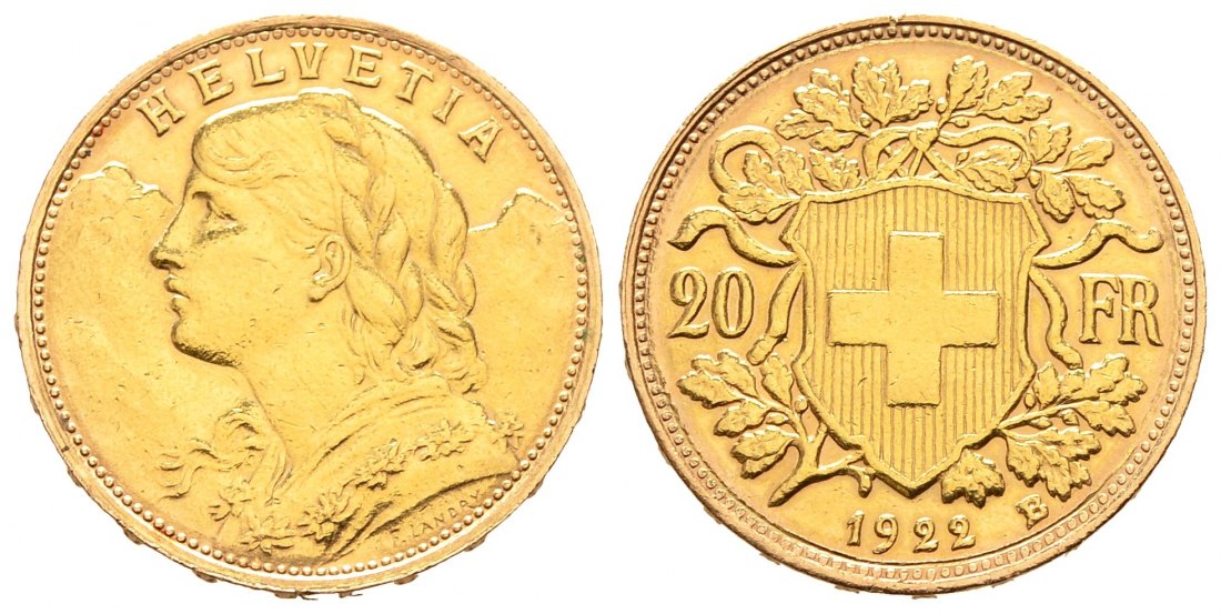 PEUS 8789 Schweiz 5,81 g Feingold. Vreneli 20 Franken GOLD 1922 B Sehr schön