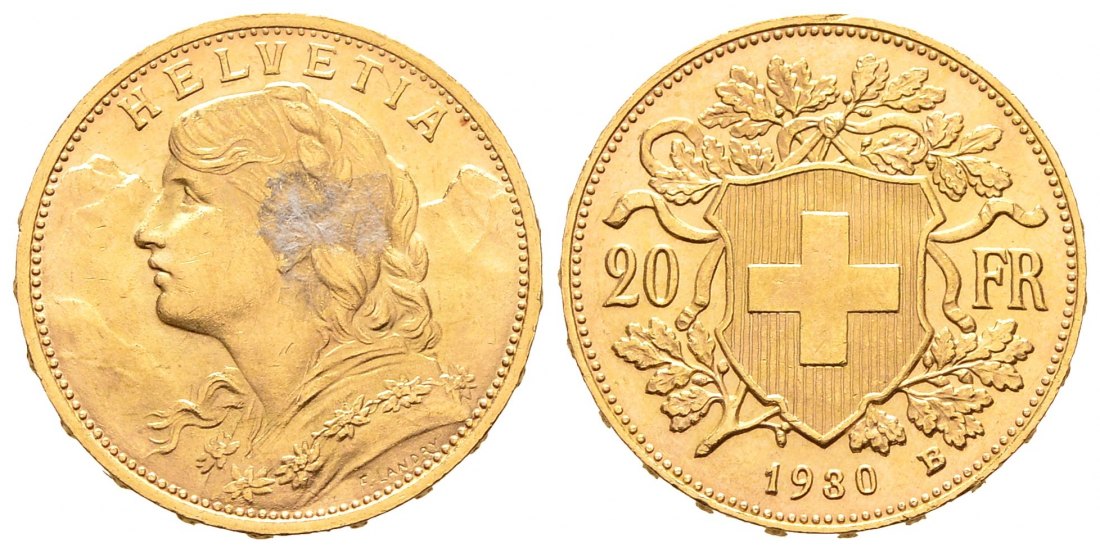 PEUS 8791 Schweiz 5,81 g Feingold. Vreneli 20 Franken GOLD 1930 B Kleberückstand, fast Vorzüglich