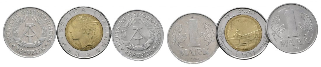  DDR, 1 Mark 1982 (2 Münzen); Italien 500 L.1983   