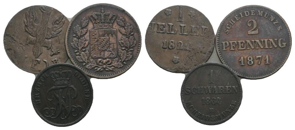  Altdeutschland, 3 Kleinmünzen (182?/1871/1864)   