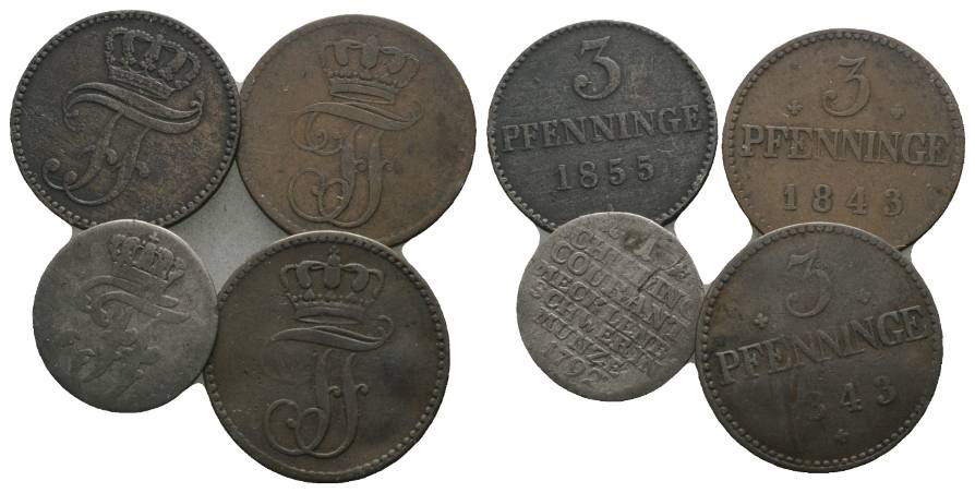  Altdeutschland, 4 Kleinmünzen (1855/1843/1792/1843)   