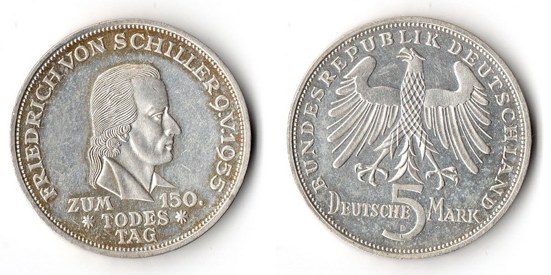  BRD  5 DM  1955 F (Friedrich von Schiller) FM-Frankfurt  Feingewicht: 7g Silber sehr schön   