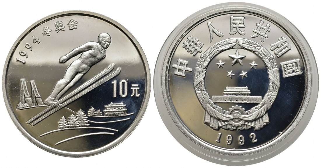 PEUS 8859 China 24,26 g Silber. Olympiade - Skispringer 10 Yuan SILBER 1992 Proof (in Kapsel)