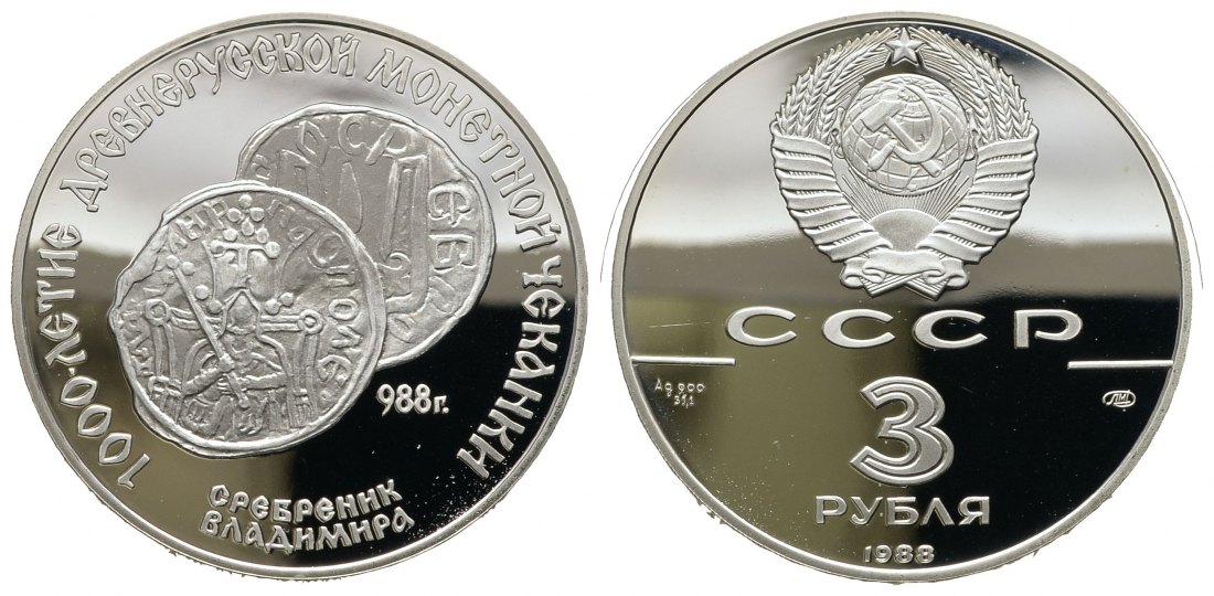 PEUS 8861 Russland 31,1 g Feinsilber. 1000. Geburtstag Russische Münze 3 Rubel SILBER 1988 Proof (Kapsel)