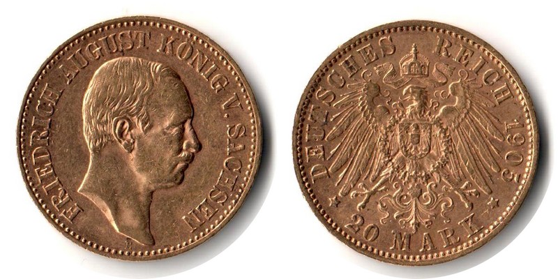 Sachsen, Königreich MM-Frankfurt Feingewicht: 7,17g Gold 20 Mark 1905 E sehr schön/vz