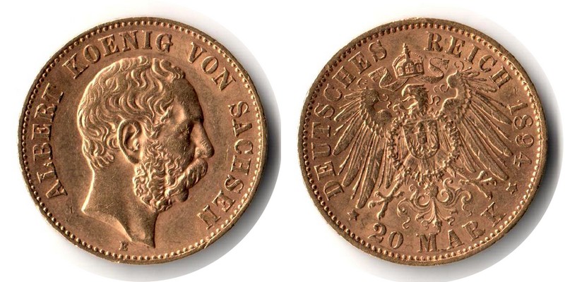 Sachsen, Königreich MM-Frankfurt Feingewicht: 7,17g Gold 20 Mark 1894 E sehr schön