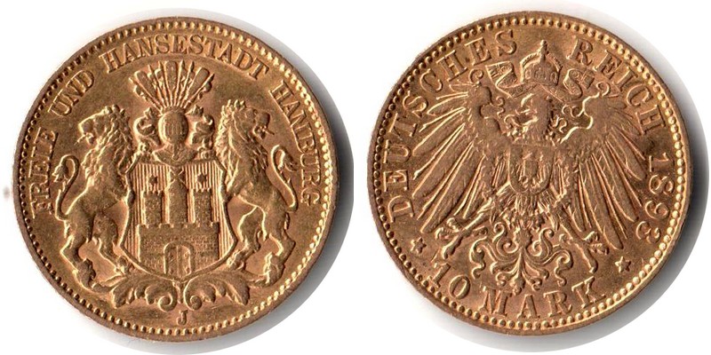 Hamburg, Kaiserreich MM-Frankfurt Feingewicht:3,58g Gold 10 Mark 1893 J sehr schön