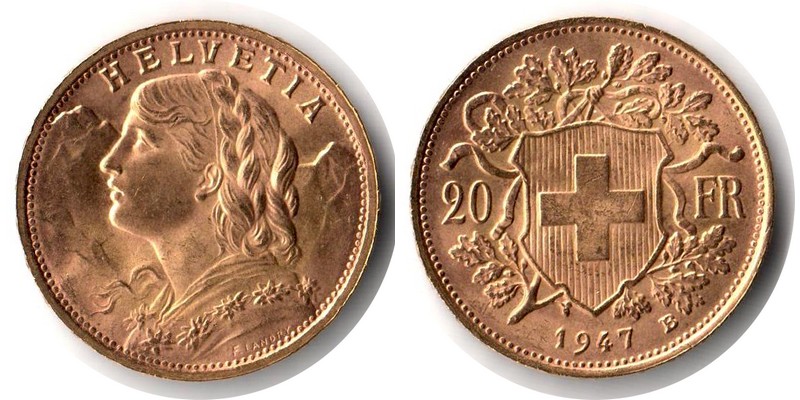Schweiz MM-Frankfurt Feingewicht: 5,81g Gold 20sFR (Vreneli) 1947 B sehr schön/vorzüglich