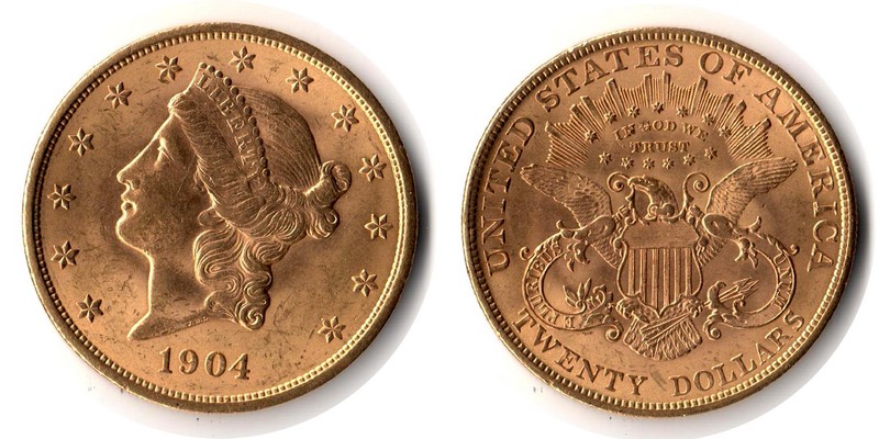 USA MM-Frankfurt Feingewicht: 30,09g Gold 20 Dollar 1904 sehr schön