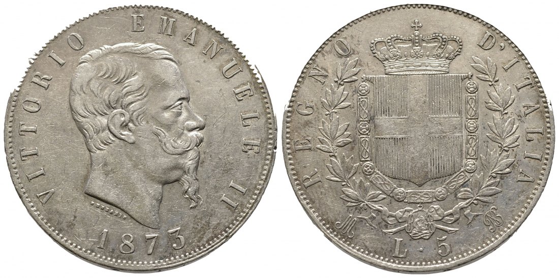 PEUS 8877 Italien 22,5 g Feinsilber. Vittorio Emanuelle II. 5 Lire SILBER 1873 M BN Sehr schön