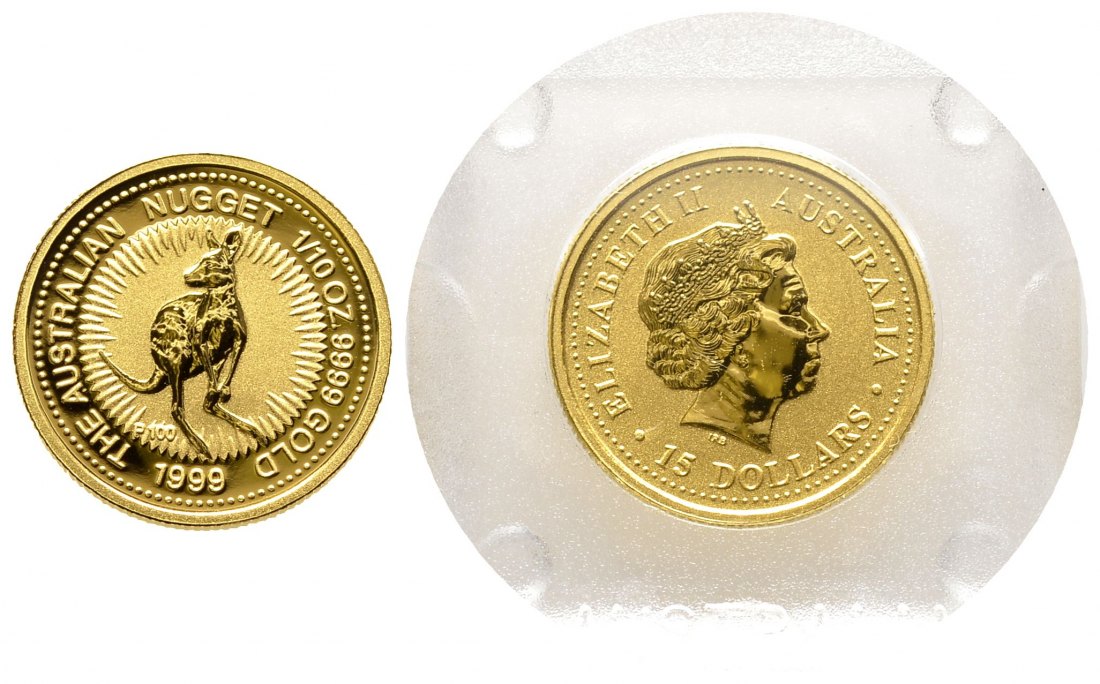 PEUS 8879 Australien 3,11 g Feingold. Sondermünze 100 Jahre Perth Mint. Känguru 15 Dollars GOLD 1/10 Unze 1999 P100 Uncirculated (in Originalkapsel)