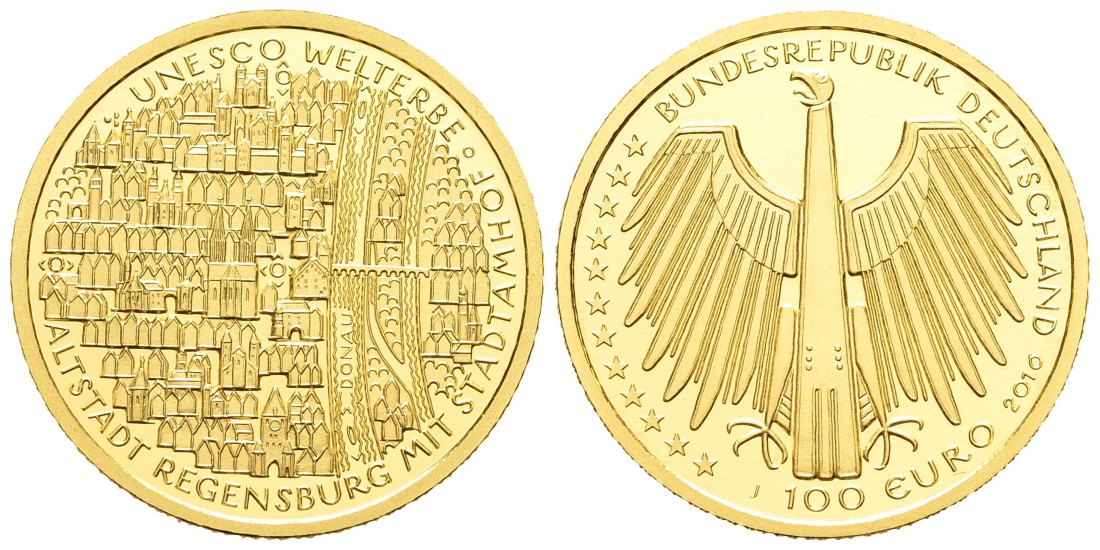 PEUS 8893 BRD 15,55 g Feingold. Regensburg OHNE Etui + Zertifikat 100 Euro GOLD 2016 J Hamburg Stempelglanz (Originalkapsel)