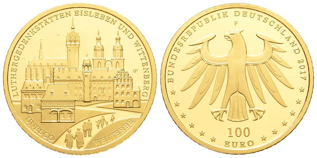 PEUS 8894 BRD 15,55 g Feingold. Wittenberg OHNE Etui + Zertifikat 100 Euro GOLD 2017 F Stuttgart Stempelglanz (Originalkapsel)