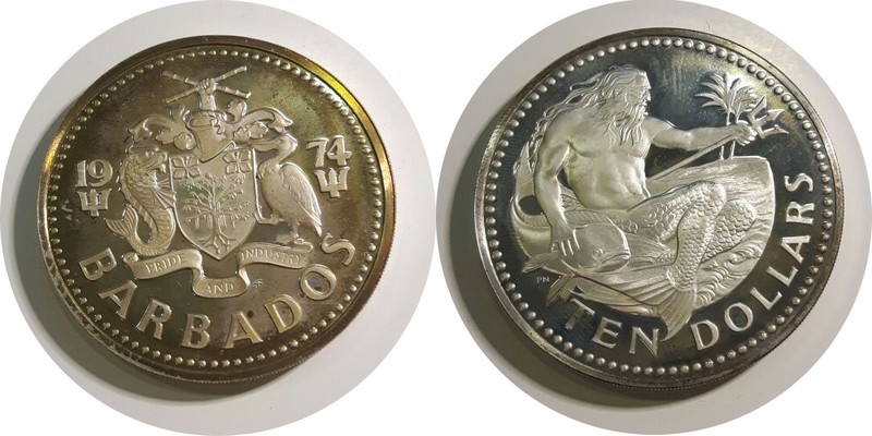  Barbados  10 Dollar  1975  FM-Frankfurt  Feingewicht: 35,06g  Silber   