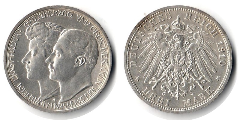  Sachsen-Weimar-Eisenach, Kaiserreich  3 Mark  1910 A  FM-Frankfurt Feingewicht: 15g Silber ss   