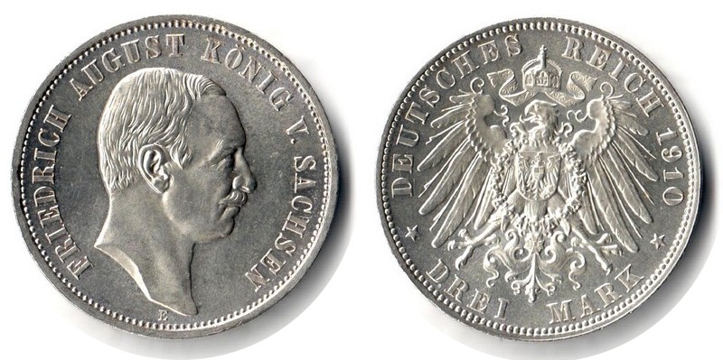  Sachsen, Kaiserreich  3 Mark  1910 E FM-Frankfurt/M Feingewicht: 15g Silber sehr schön   