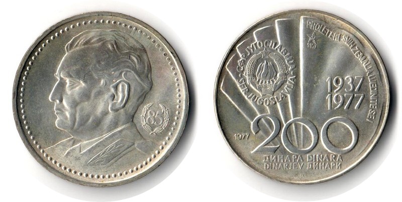  Jugoslawien  200 Denar  1977  FM-Frankfurt  Feingewicht: 11,25g  Silber  sehr schön/vz   