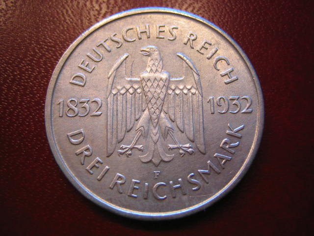  WR 3 Reichsmark Goethe 1932 F   