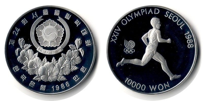  Süd-Korea  10000 Won  1986  FM-Frankfurt  Feingewicht: 31,1g Silber  pp (angelaufen)   